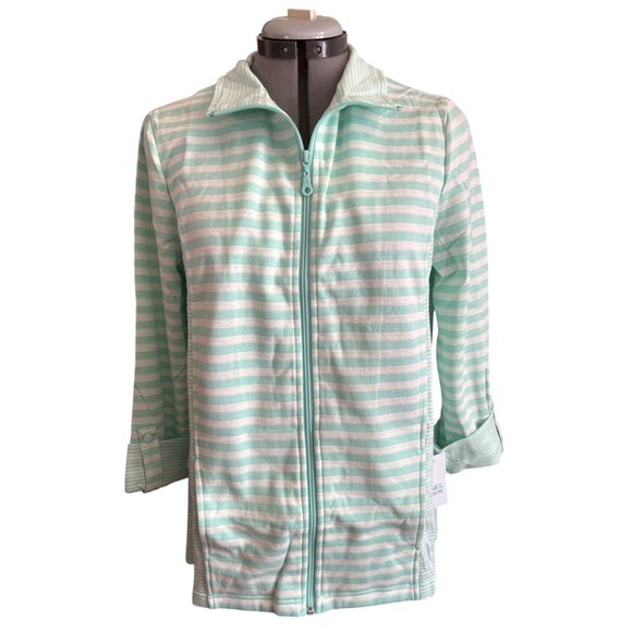 Womens Mint Green & White Striped Zip-Up Jacket With Foldable 3/4 Sleeves Size M - Picture 1 of 6
